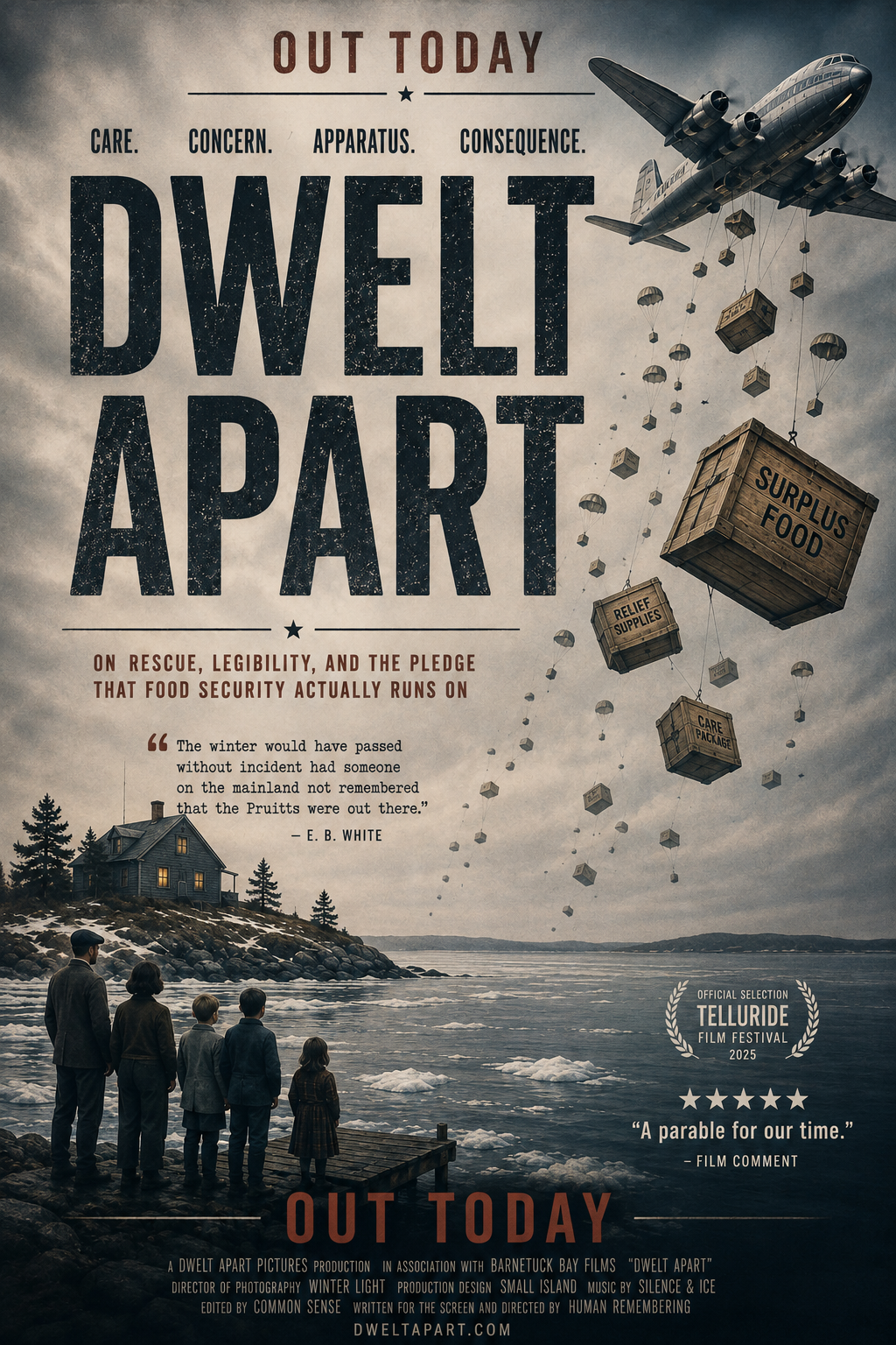Dwelt Apart one-sheet: a family of five stands on an island dock watching a rescue plane drop crates of surplus food over a frozen bay. "The winter would have passed without incident had someone on the mainland not remembered that the Pruitts were out there." — E. B. White