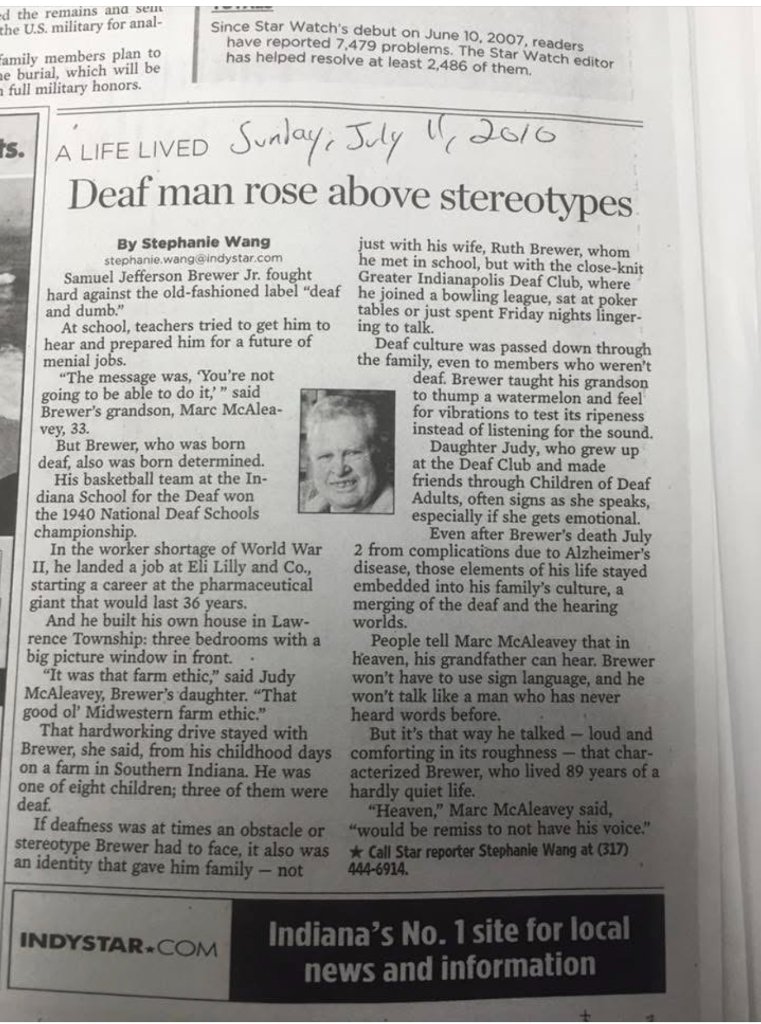 Indianapolis Star article: Deaf man rose above stereotypes, Samuel Jefferson Brewer Jr.