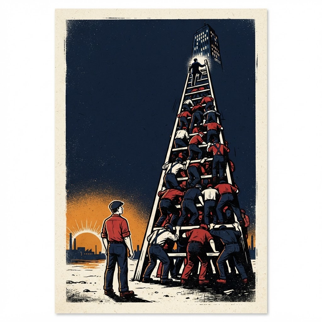 Screenprint poster of a corporate ladder built on the bent backs of workers, one worker turning toward a sunrise.