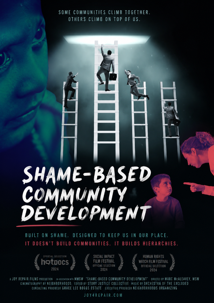 Shame-Based Community Development film poster: businessmen climbing white ladders of different heights.