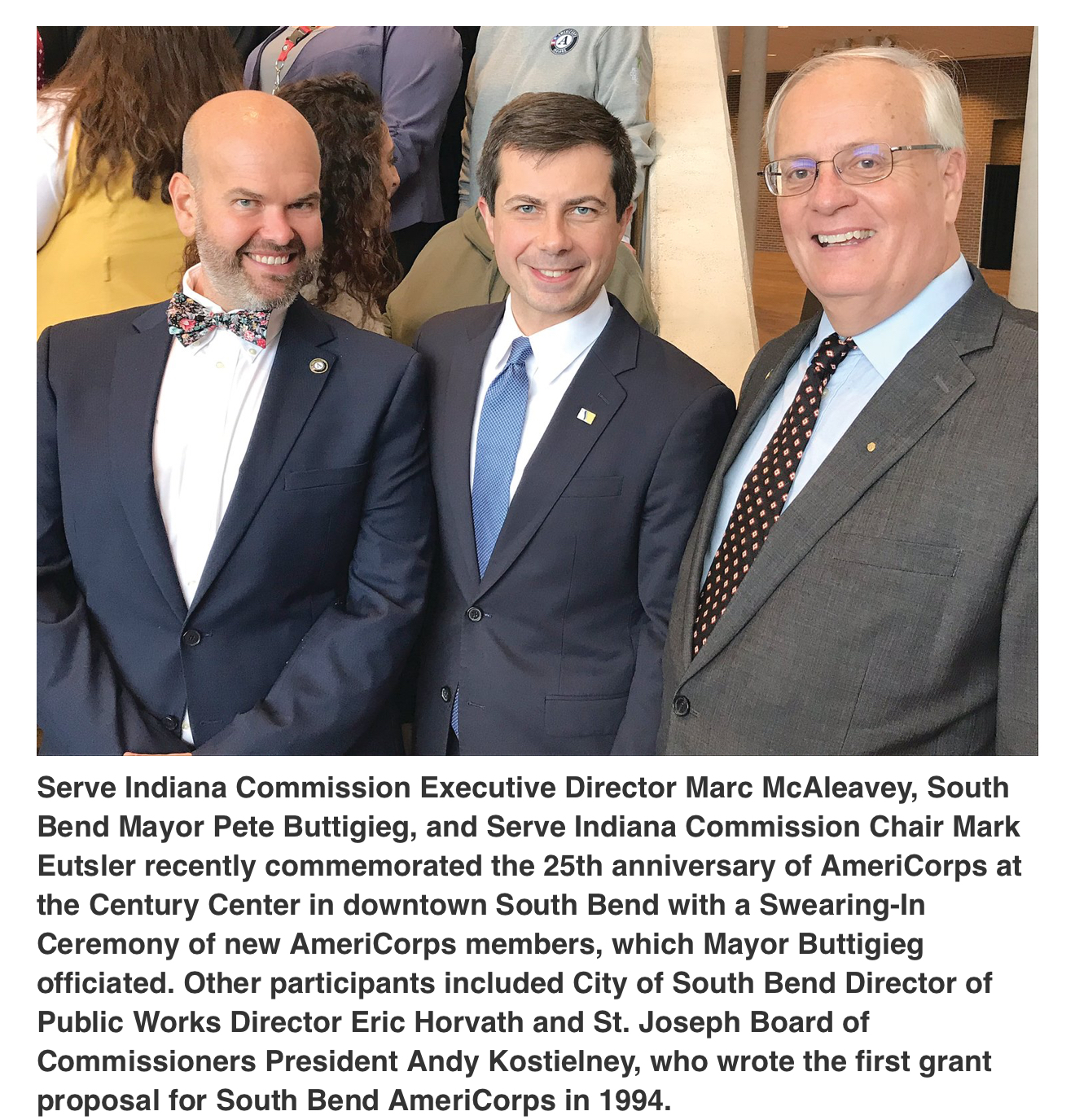 Marc McAleavey, Mayor Pete Buttigieg, and Mark Eutsler at the Century Center in South Bend