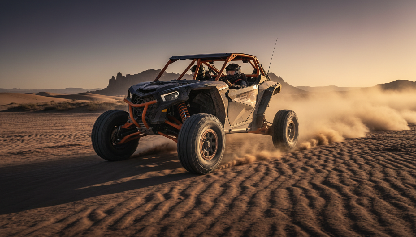 UTV driving at speed over desert terrain with suspension working
