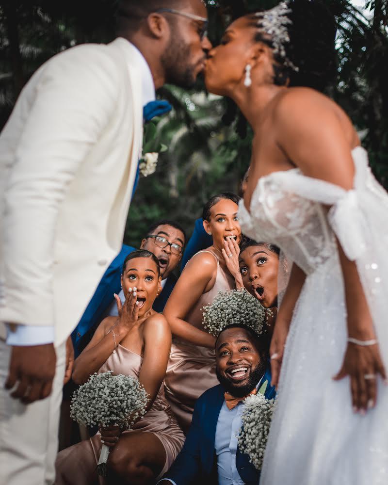 Bridal party reacting with joy during ceremony