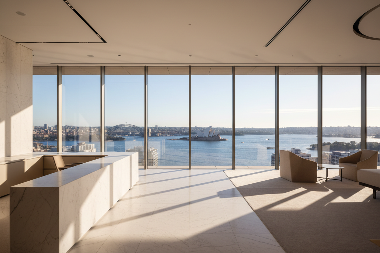Modern office interior overlooking Sydney harbor