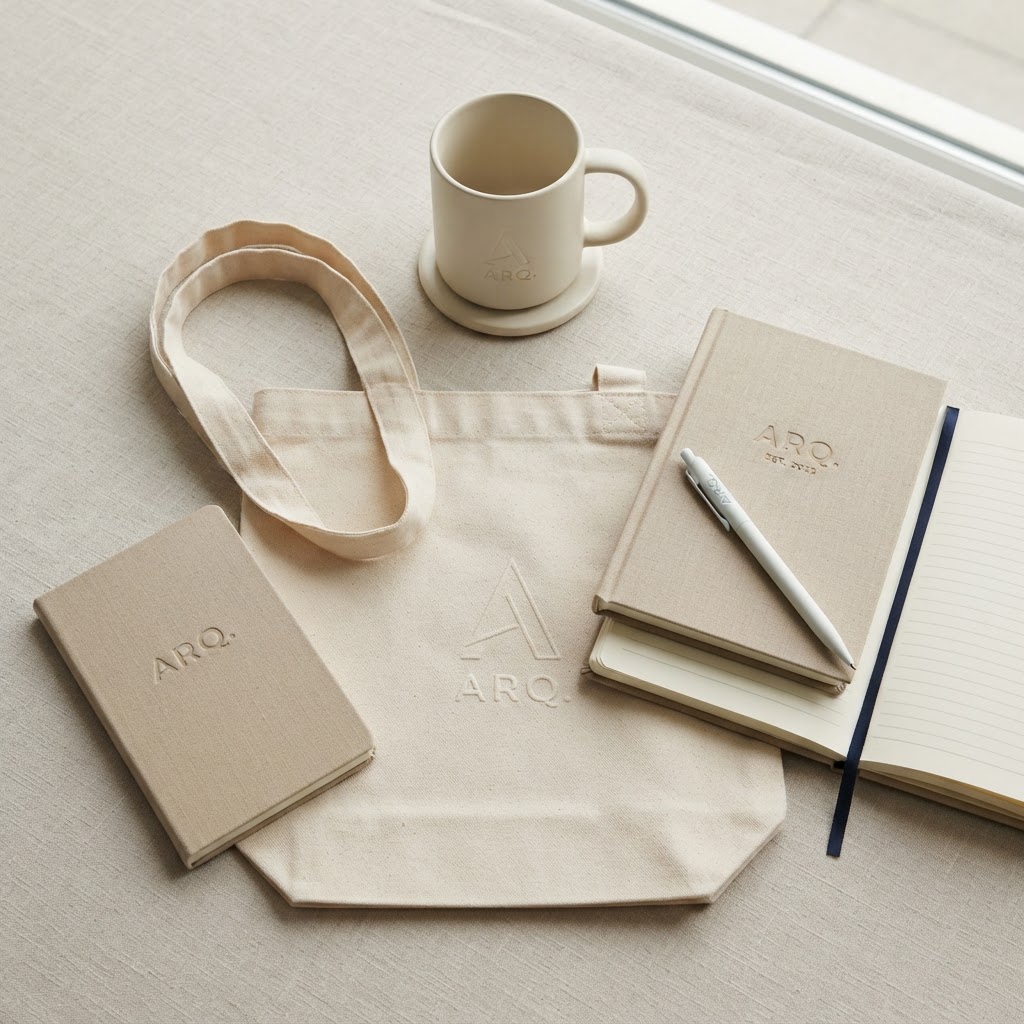 Branded merchandise collection including mugs and tote bags
