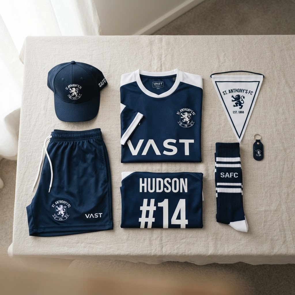 Custom branded sports club kit including jerseys and caps