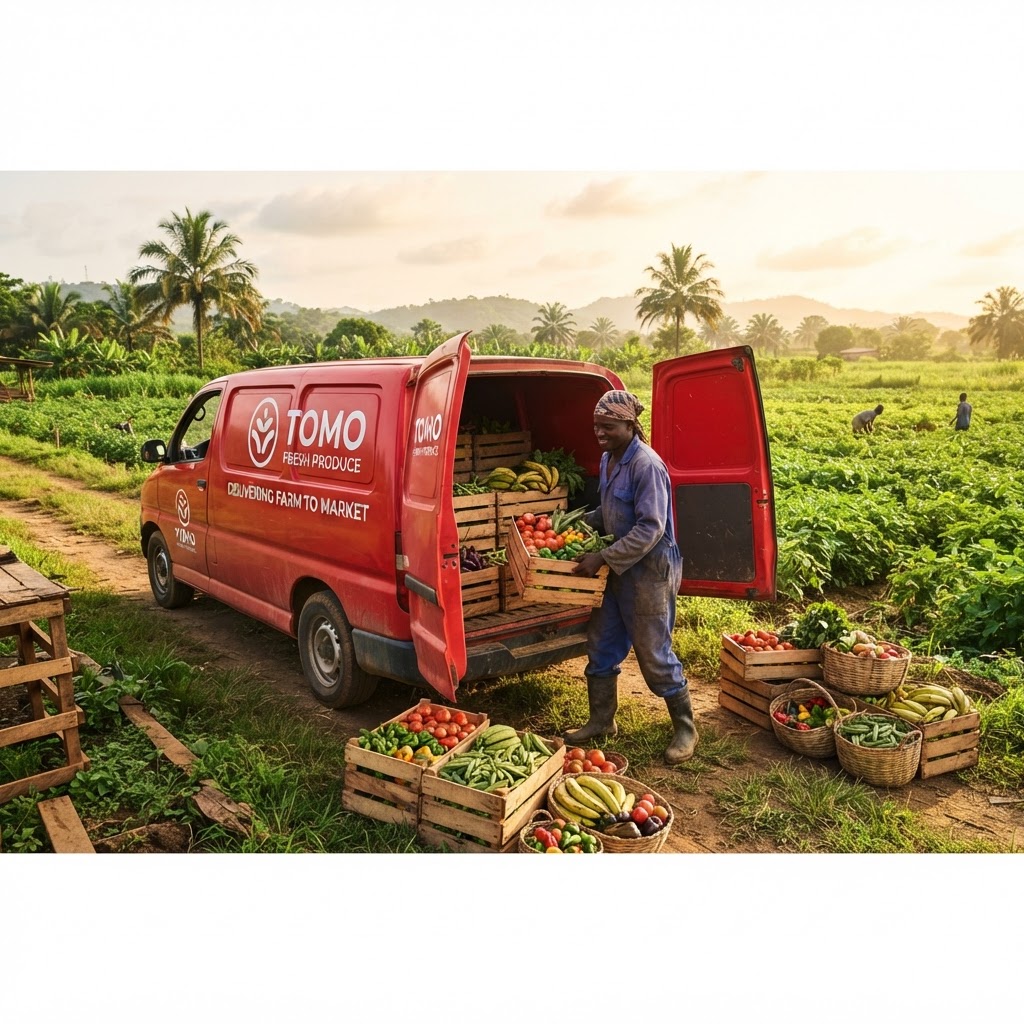 TOMO Fresh red delivery van collecting produce at a Ghanaian farm