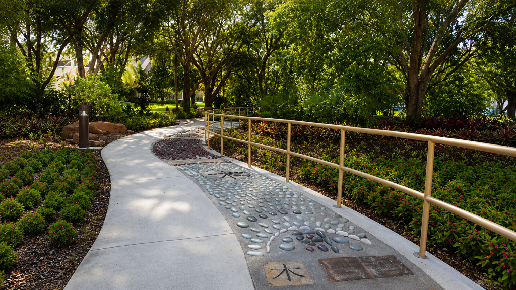 Garden pathway with decorative stone mosaic