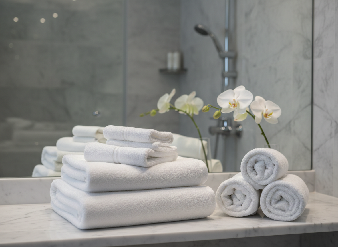 Gestapelde witte handdoeken in spa
