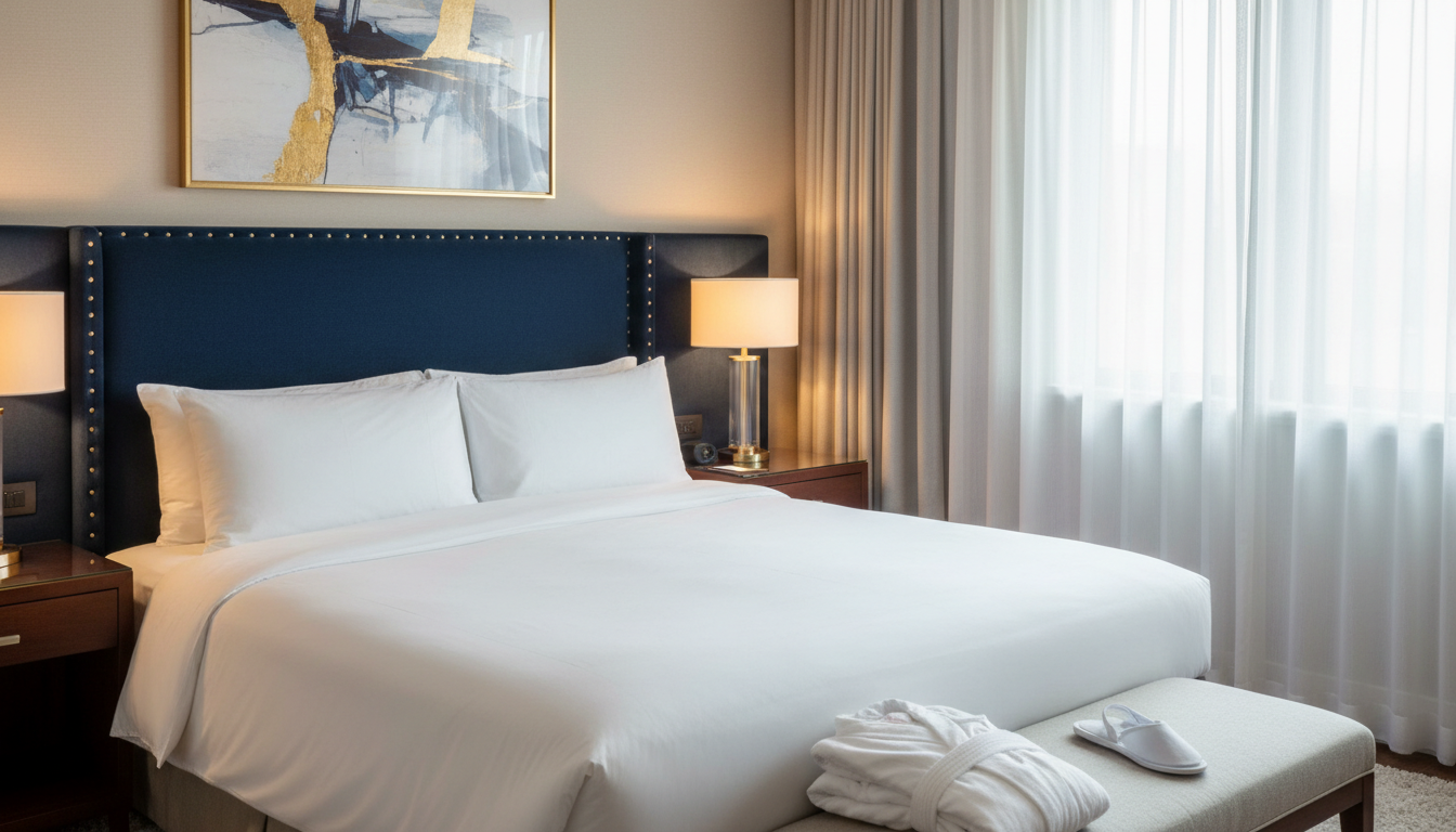 Luxe hotelkamer met perfect opgemaakt bed