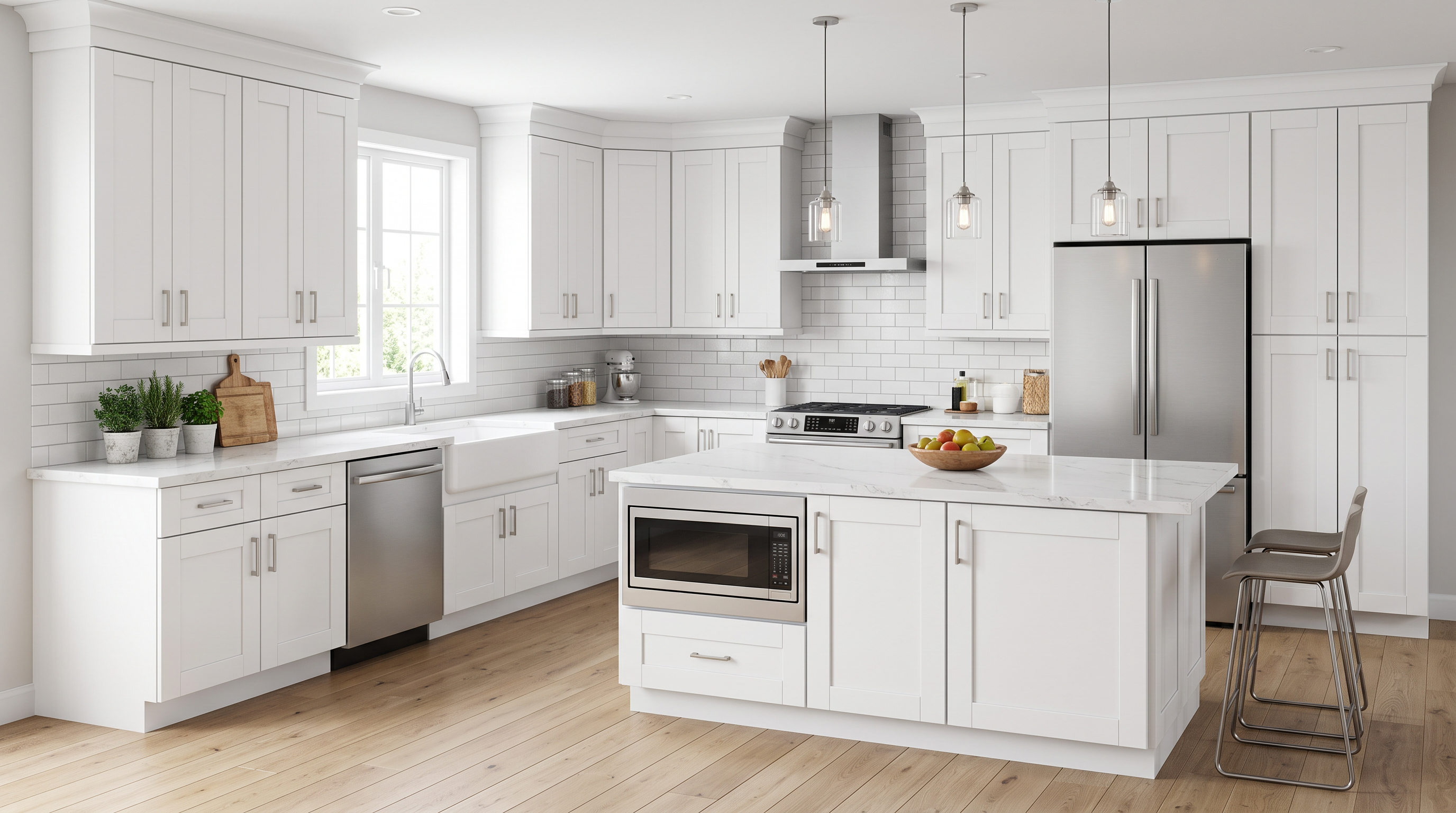 AI-generated kitchen concept using Cabinet Depot Essex doors in White. Not an installed-project photograph.