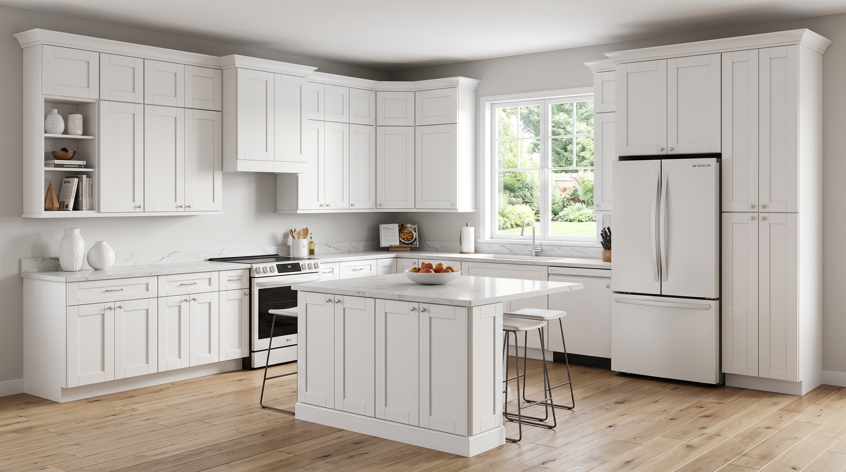 AI-generated kitchen concept using Cabinet Depot Essex doors in White. Not an installed-project photograph. Kitchen planning in Seabrook, NH.