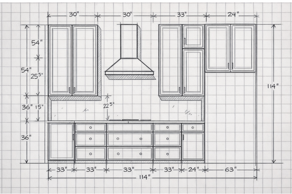 Couple measuring kitchen counter for cabinet planning