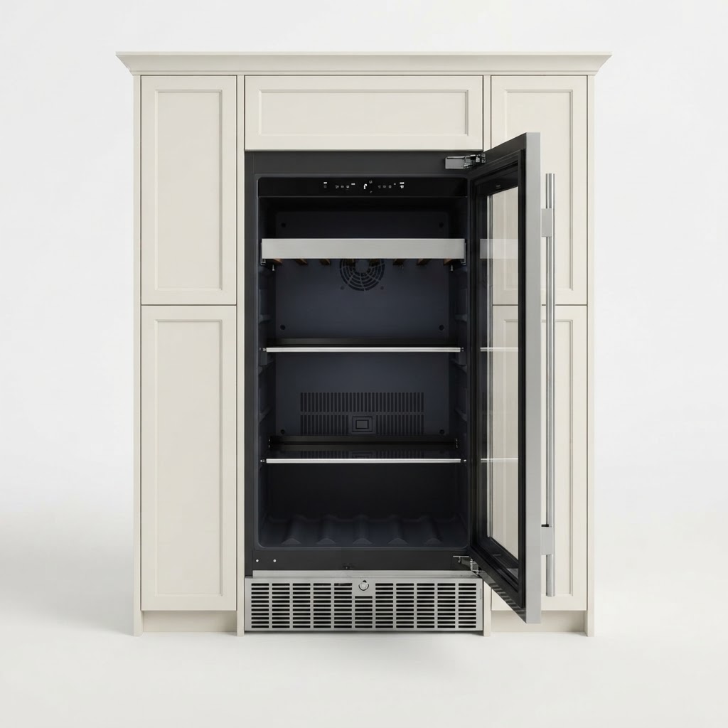 Element Cellara 24” 5.2 Cu. Ft. Stainless Steel Beverage & Wine Cooler with Essex cabinets in White