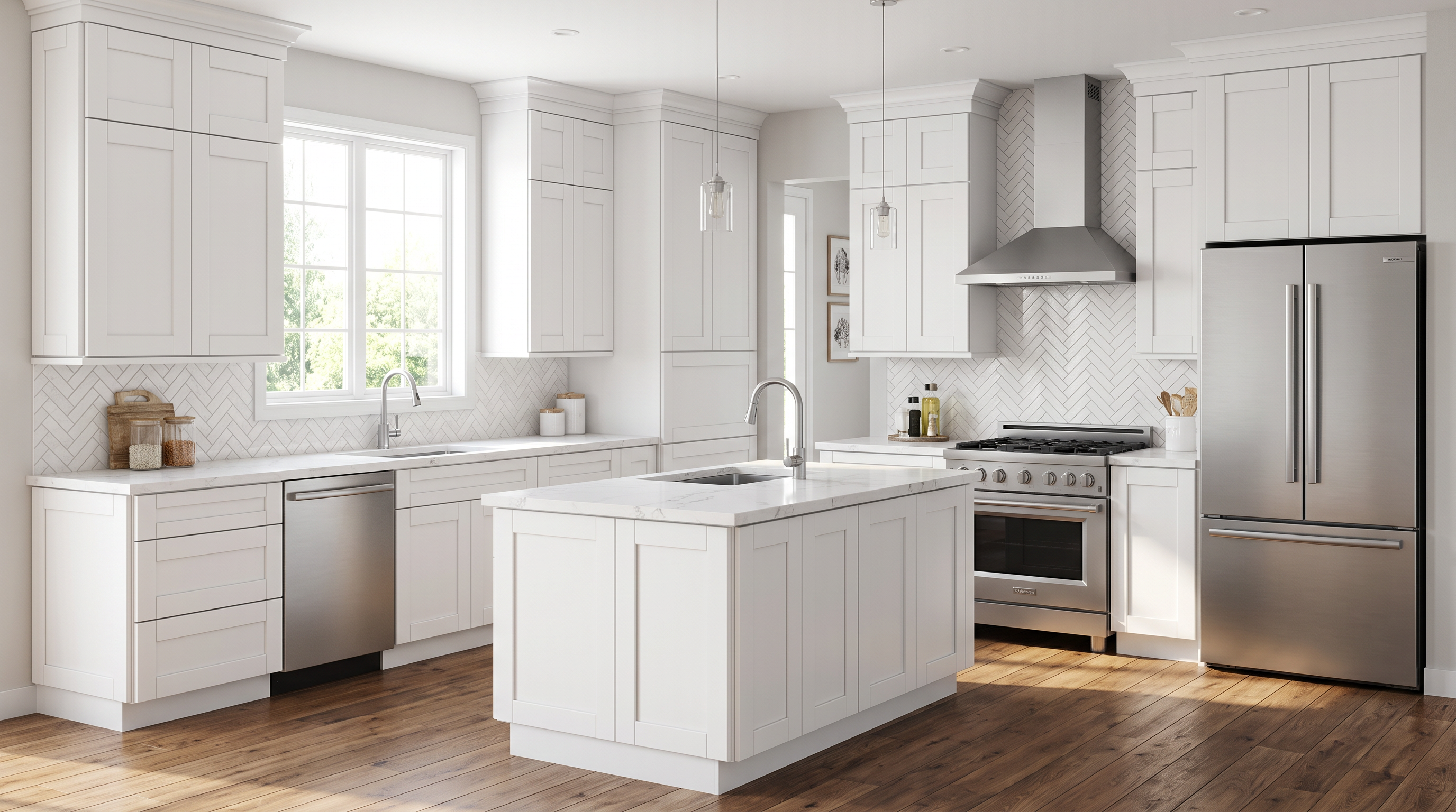 AI-generated kitchen concept using Cabinet Depot Essex doors in White. Not an installed-project photograph.