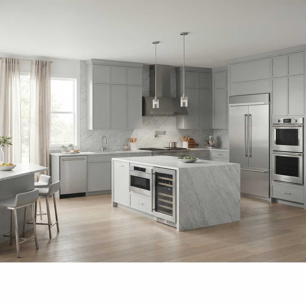 GE Profile Kitchen Package shown with Cabinet Depot Windsor Dove Slim cabinet doors