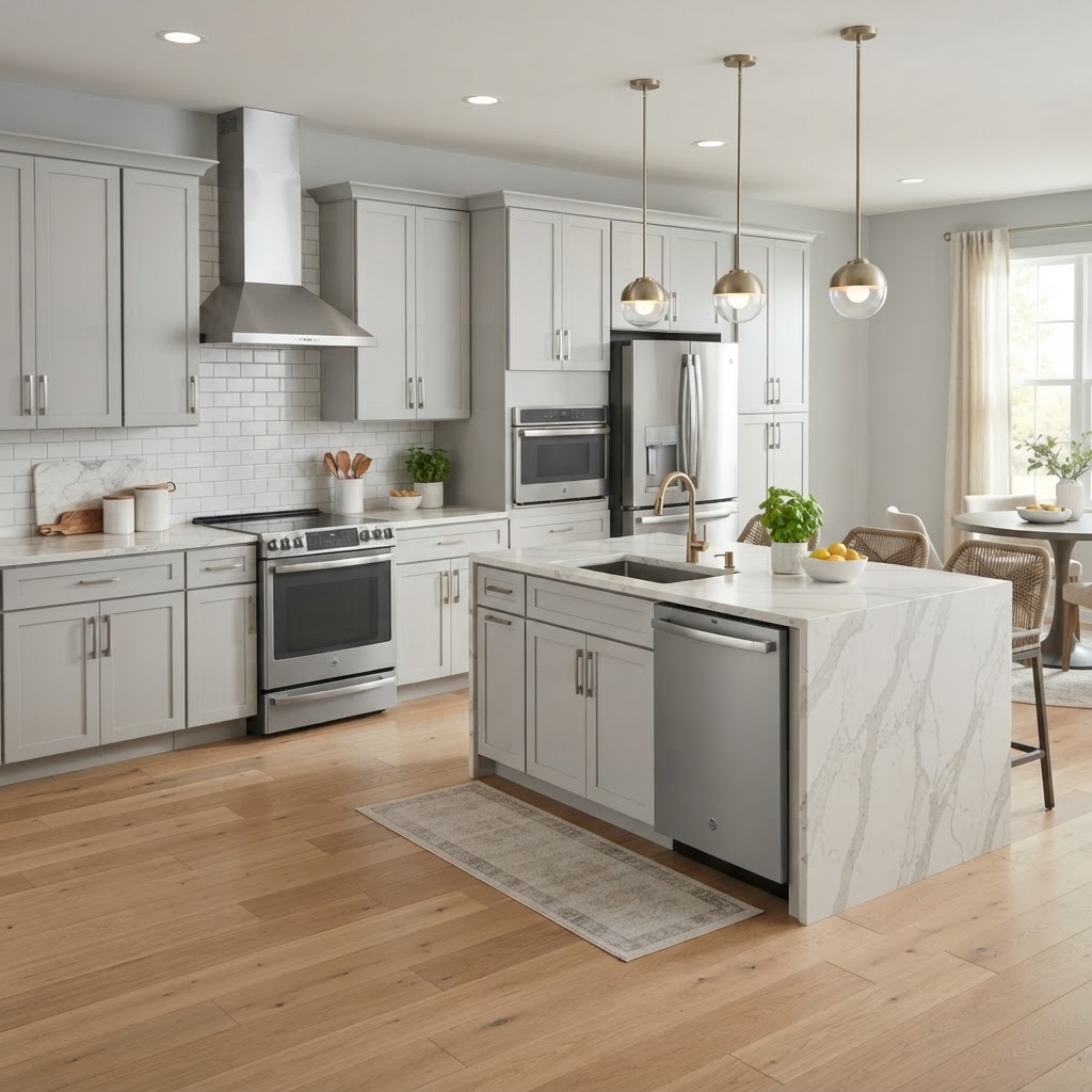 GE 30” Free-Standing Electric Convection Range with Air Fry with Essex cabinets in White