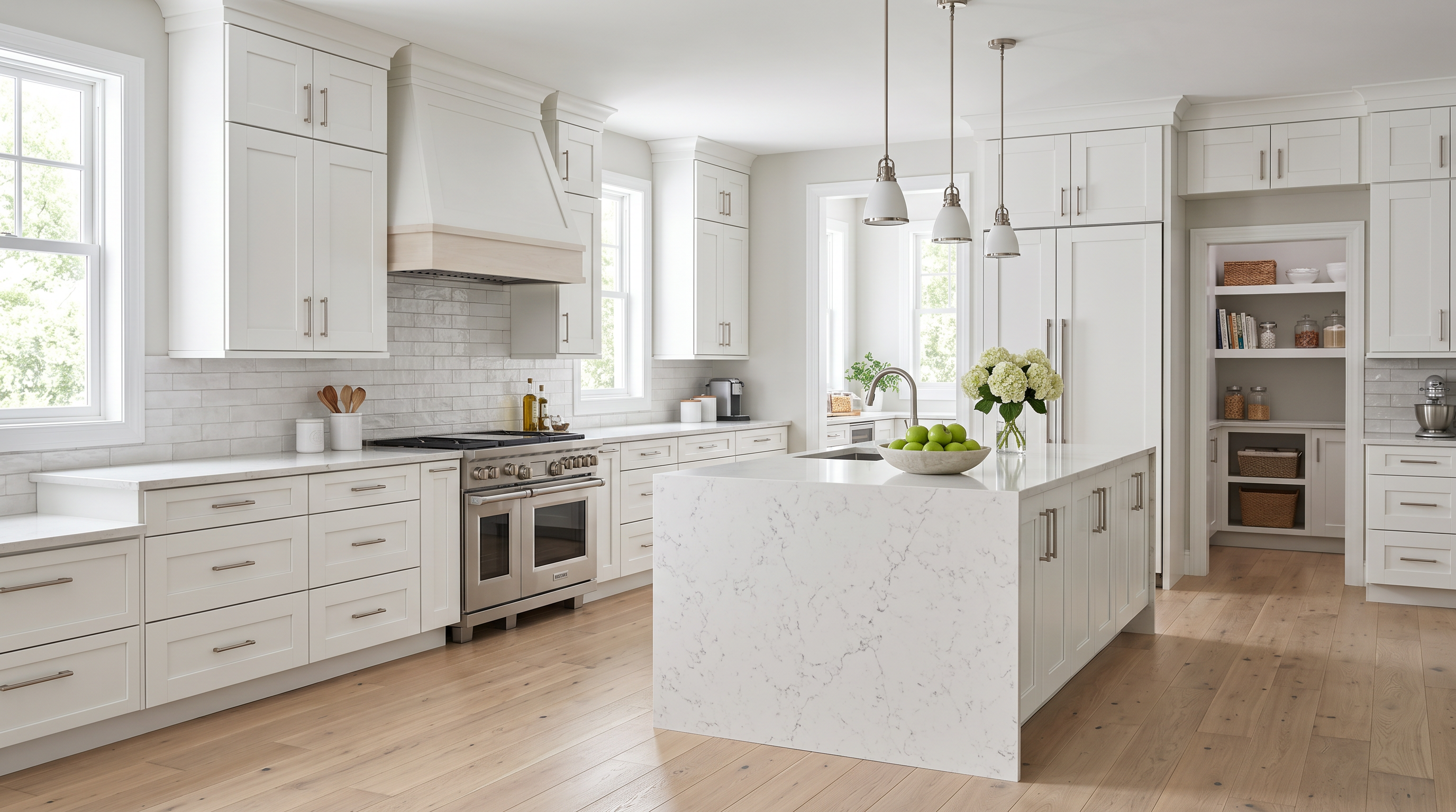 AI-generated kitchen concept using Cabinet Depot Essex doors in White. Not an installed-project photograph. Kitchen planning in Manchester, NH.