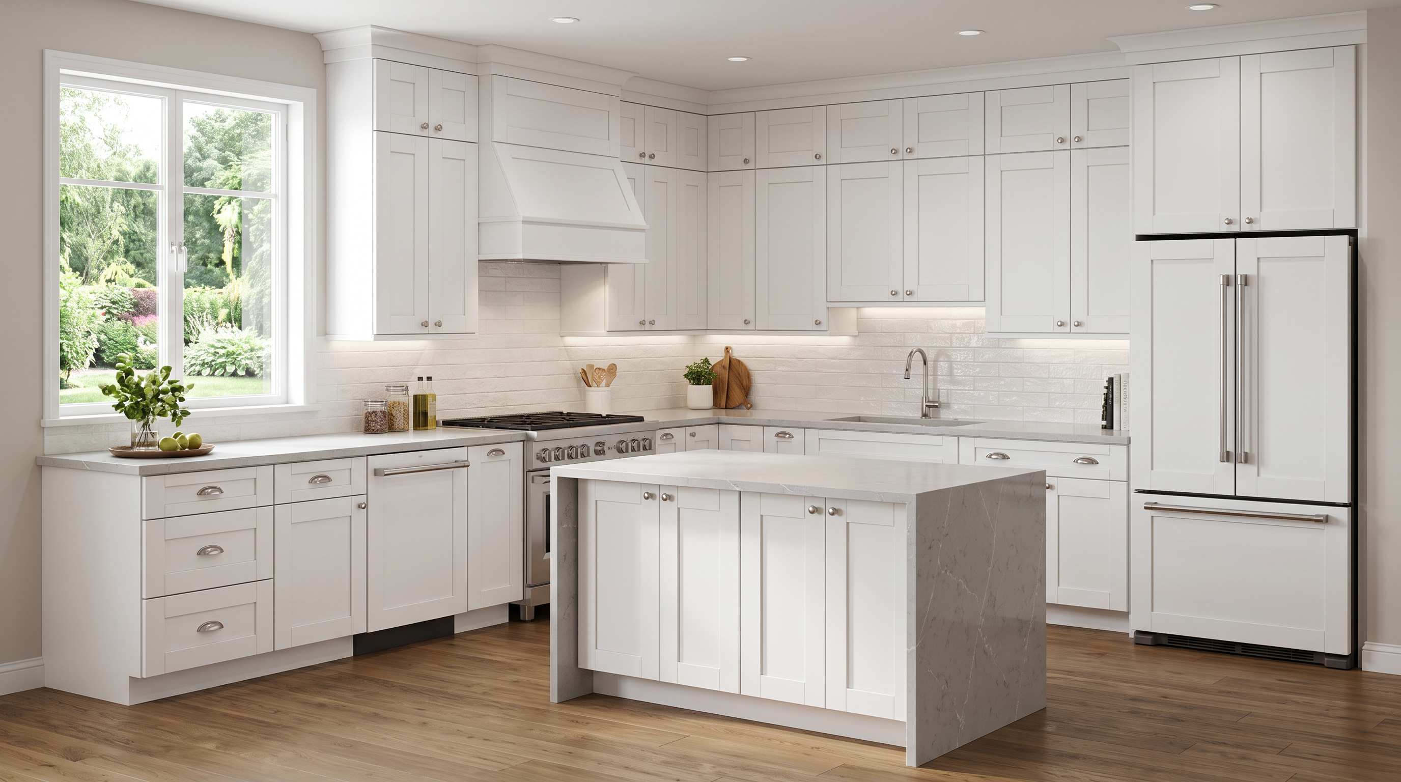 AI-generated kitchen concept using Cabinet Depot Essex doors in White. Not an installed-project photograph.