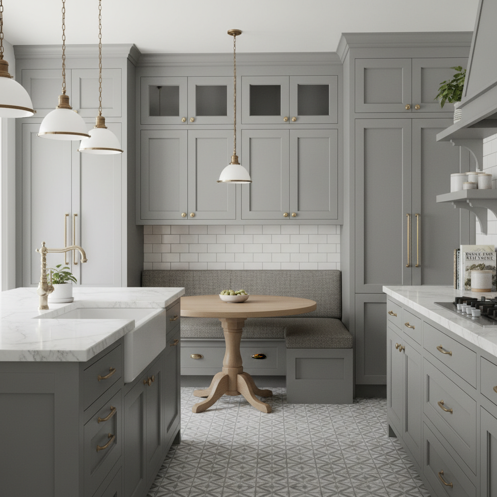 Charming grey kitchen with Rockingham shaker cabinets in Sherwin-Williams Dorian Gray SW 7017. Built-in banquette seating, marble island, subway tile to ceiling, and vintage brass hardware. | Gray | kitchen cabinets near me, cabinet outlet, kitchen cabinet outlet, cabinet outlet near me, kitchen cabinets NH, cabinet outlet NH, discount kitchen cabinets, wholesale kitchen cabinets, riverside cabinets, riverside cabinetry, kitchen measurements, cabinets Salem, kitchen cabinets Salem NH, custom cabinets NH, cabinetry NH, cabinets NH, kitchen cabinets liquidators, cabinet liquidators near me, kitchen cabinet liquidators near me, solid wood cabinets factory direct, factory direct cabinets, all wood construction cabinetry, KCMA certified cabinets, warrantied cabinetry, all plywood construction cabinets, solid wood door and frame, soft close drawers and doors, concealed soft close hinges, full extension drawer slides, solid wood dovetail drawers, affordable high quality all wood cabinets, stone countertops, wall kitchen cabinets, base kitchen cabinets, pantry cabinets, ready to install kitchen cabinets, in-stock kitchen cabinets, high-end cabinets for less, custom kitchen cabinets, shaker style cabinets, kitchen and bath store near me, kitchen and bath Massachusetts, kitchen remodeling, bathroom remodeling, free design consultation, no pressure kitchen design, kitchen showrooms, bathroom showrooms near me, countertops for white cabinets, quartz and granite countertops, granite countertops, quartz countertops, kitchen backsplash, cabinetry hardware, cabinet hardware, bathroom vanities and countertops, Salem NH kitchen cabinets, kitchen remodel Salem NH, Salem cabinet, cabinet makers in NH, Manchester NH kitchen cabinets, Nashua NH kitchen cabinets, Portsmouth NH kitchen cabinets, Amherst NH kitchen cabinets, quick cabinet delivery, send measurements cabinet quote, contractor cabinet pricing, discount cabinets near me, closeout bathroom vanities near me, bathroom cabinet stores near me, kitchen cabinets liquidators, kitchen cabinets outlet near me, kitchen cabinet outlet near me, cabinet vendors near me, used kitchen cabinet stores near me, cabinet outlet stores near me, discount cabinetry, cabinet warehouse near me, kitchen cabinets liquidators near me, furniture stores portsmouth nh, cabinets direct wholesale, kraftmaid outlet, kitchen cabinet liquidators, cabinet discount, shaker cabinets vs raised panel, furniture stores in nh seacoast, lakeland cabinets, cabinet closeouts, cabinet discount store, closeout cabinets, discount kitchen cabinets for sale, hampshire cabinetry, the cabinets outlet, kitchen cabinet warehouse, bathroom cabinets outlet, kraftmaid discount, kitchen cabinets factory outlet, cabinet outlets, cabinet factory outlet, shaker vs raised panel, furniture stores near portsmouth nh, wholesale cabinet warehouse, cabinets warehouse, norfolk kitchen and bath salem nh, kitchen cabinet outlet store, cabinet factory near me, kitchen cabinet outlets near me, kitchen showrooms hampshire, kitchen cabinets concord nh, outlet cabinets, parr cabinet outlet, dream kitchens nashua, kitchen store portsmouth nh, kraftmaid cabinets outlet, cabinet factories outlet, kitchen cabinet warehouse outlet, keystone supply outlet, kitchen cabinet supply, kraftmaid outlet store, custom kitchens new hampshire, kraftmaid cabinet outlet, portsmouth nh kitchen store, kitchen stores in nh, in stock cabinets today, new hampshire custom cabinets, kitchen cabinets closeouts, wholesale vanity cabinets near me, raised panel cabinet doors vs shaker, furniture stores in salem nh, kitchen store salem nh, kitchen bath outlet, new england custom cabinets, kitchen stores portsmouth nh, kraftmaid cabinets outlet store, bath vanity store near me, raised panel vs shaker cabinets, high end kitchen cabinets near me, new england storage cabinet, bathroom cabinets store near me, kitchen cabinets liquidators wholesale, cabinet shop near me open now, kitchen cabinets outlet store, new england cabinet co, kitchen cabinets woburn, granite countertops in new hampshire, cabinet factory direct, shaker style furniture new hampshire, kitchen stores manchester nh, kitchen and bathroom outlet, outlet cabinets for the kitchen, cabinet liquidation store, bathroom store portsmouth, raised panel doors vs flat panel, kitchen direct warehouse, discount cabinets and appliances, kitchen stores nh, bathroom showrooms portsmouth, new england kitchen wholesalers, raised panel shaker door, direct to consumer cabinets, nh furniture outlets, kitchen cabinet outlet stores near me, discount cabinet store near me, cabinet store near me now, bathroom cabinets warehouse, shaker vs raised panel cabinets, kraftmaid factory outlet, cabinets factory outlet, bathroom cabinet outlet, factory outlet kitchen cabinets, factory cabinet outlet, raised panel vs shaker style cabinets, kitchen maid cabinets outlet, kitchen cabinet outlet waterbury ct, shaker vs recessed panel, kitchen cabinet supply near me, kitchen door outlet, kitchen cabinets discount store, kitchen cabinet outlet stores, kitchen cabinets outlet stores, raised panel vs shaker, bath and kitchen outlet, bathroom vanity liquidators, cabinet discount warehouse, kitchen cabinets southington ct, appliances portsmouth nh, raised panel shaker cabinet doors, discounted cabinets, furniture salem nh, seacoast cabinets portsmouth nh, wellborn cabinets outlet, discount cupboards, bath store portsmouth, plaistow cabinets, bargain outlet cabinets, maine cabinets, kitchen cabinet factory outlet, bargain hunt cabinets, cabinets outlet, kitchen cabinet outlet southington, shaker style cabinets vs raised panel, furniture store portsmouth nh, cabinets closeouts, shaker cabinet vs raised panel, kitchen outlet inc, huntwood cabinet outlet, the kitchen portsmouth new hampshire, recessed panel vs shaker, kitchen cabinet prices near me, furniture stores portsmouth new hampshire, kitchen cabinets woburn ma, homesense portsmouth new hampshire, portland cabinets outlet, raised panel vs shaker style cabinets, kitchen store portsmouth, kitchen cabinet outlet waterbury, the cabinet outlet, kitchen doors hampshire, raised panel vs flat panel cabinets, flat panel vs raised panel, nh furniture direct nashua nh, national cabinets, kitchen stores in nh, kitchen cabinet outlet in southington ct, discount cabinet store, sink and spout portsmouth nh, kitchen company plaistow, federal cabinets and countertops, portsmouth nh furniture, kitchens portsmouth, commonwealth cabinets, kitchen worktops portsmouth, outlet bathroom cabinets, kitchen cabinet outlet summerlin, cabinet outlet summerlin, cabinets outlet summerlin, kitchen cabinet outlets summerlin, cabinet outlets summerlin, spring forest cabinets, nm cabinet gallery, home outlet kitchen cabinets, cabinet design and outlet, warehouse cabinet outlet, cabinet outlet warehouse, ohio cabinet outlet, home cabinets near me, furniture shops in portsmouth, plaistow cabinet, maine cabinet, cabinet outlet nj, kitchen cabinet liquidators near me, furniture store salem nh, kitchen bath outlet, kitchen cabinets outlet cleveland, kitchen cabinet outlet cleveland, bathroom cabinets utah, cabinets clermont fl, kitchen cabinets clermont fl, furniture stores portsmouth new hampshire, furniture store near portsmouth nh, cabinet wright, discount cabinets denver, wholesale cabinet outlet, west end cabinets, kitchen cabinet outlet southington ct, kitchen cabinet outlets, cabinet warehouse denver, cabinets miami, kitchen cabinets outlet, discount cabinet, cabinet outlets, cabinet ng, bathroom cabinet outlet, instile cabinet outlet, kitchen cabinets to go near me, cabinets retail, plymouth cabinets, cabinet select, cabinet outlet store, select cabinetree, the kitchen portsmouth nh menu, richmond cabinet outlet, bath store portsmouth, cabinet outlet ohio, kitchen hardware outlet, stone and cabinet outlet portland, portland cabinet outlet, cabinet outlet sacramento, cabinet factory outlet omaha, cabinet warehouse hudson florida, cabinets to go scarborough, kraftmaid cabinets outlet store, kitchen cabinet retail, cabinet project bid, country cabinets etc, cabinet sell, kitchen outlet newcastle, washroom cabinet suppliers, cabinet factories outlet photos, cabinets go outlet, home outlet tonawanda, cabinet factory outlet inc, kitchen cabinets mall, cabinet factory outlet port orange, cabinet factory outlet port orange fl, cabinet factory outlet ocala, cabinet factory outlet ocala fl, cabinets direct factory outlet, kitchen cabinet outlet photos, dream kitchen nashua, peppermint cabinets, furniture world salem nh, shaker vs recessed panel cabinets, wholesale cabinets salt lake city, kingway cabinet outlet inc, home outlet new bedford ma, cabinet factory outlet of richmond, waterbury kitchen cabinet outlet, home outlet malden, cabinetliquidators com, cabinet sellerz, polo cabinets, home outlet springfield ma, nh furniture outlets, kitchen cabinets outlet store near me, cabinet in, warehouse cabinet outlet, cabinet outlet warehouse, the cabinet outlet store of volusia county, okc cabinet outlet, cabinet outlet in oklahoma city, cabinets liquidator, my new cabinets inc, cabinet mi, cheap kitchen units in manchester, taj granite outlet, home outlet rumford, 168 cabinet outlet, kitchen cabinet outlet stores near me, raised panel shaker door, direct to consumer cabinets, nm cabinet gallery, kitchen stores nh, home outlet malden ma, wholesale cabinets albuquerque, albuquerque cabinets, cabinets albuquerque, galley equipment portsmouth, kitchen cabinets outlet summerlin, polo cabinet, tommy bahama cabinets, salvage modern portsmouth nh, sink and spout portsmouth, bathroom cabinets miami, cabinets in miami, wholesale cabinets miami, stone and cabinet outlet, stone & cabinet outlet, stone & cabinet outlet inc, wholesale bathroom vanity near me