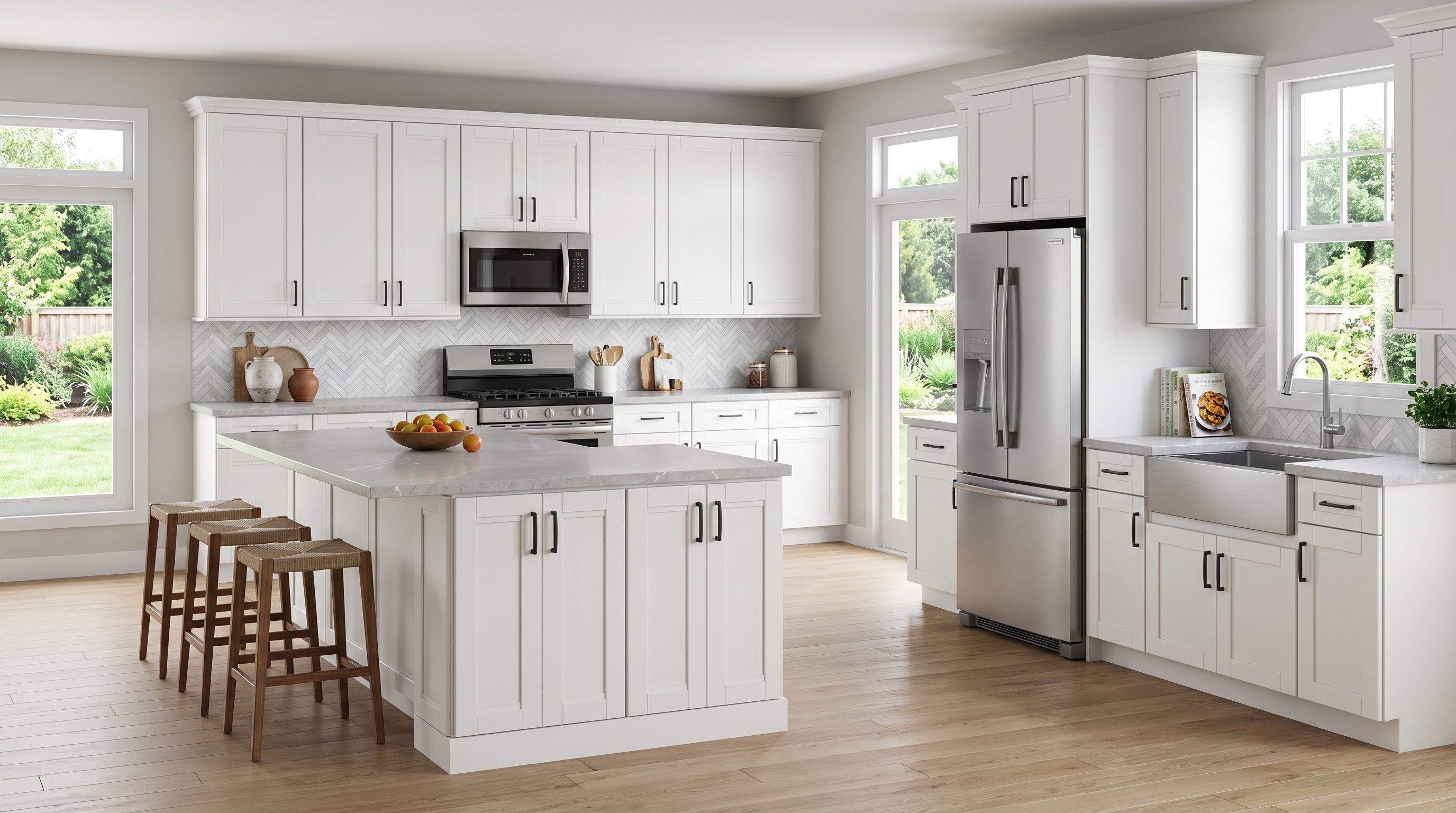 AI-generated kitchen concept using Cabinet Depot Essex doors in White. Not an installed-project photograph.