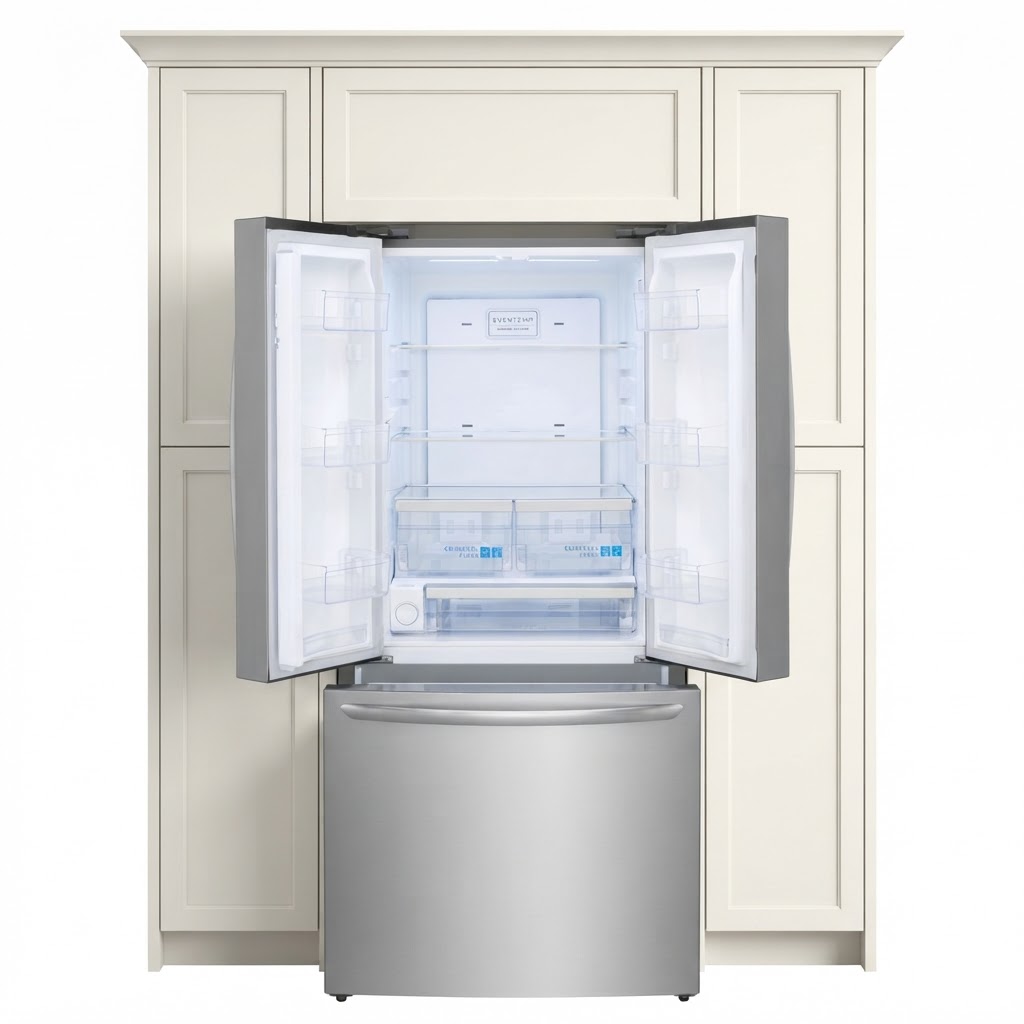 Frigidaire Gallery 30” 20 Cu. Ft. Stainless Steel French Door Refrigerator with Essex cabinets in White