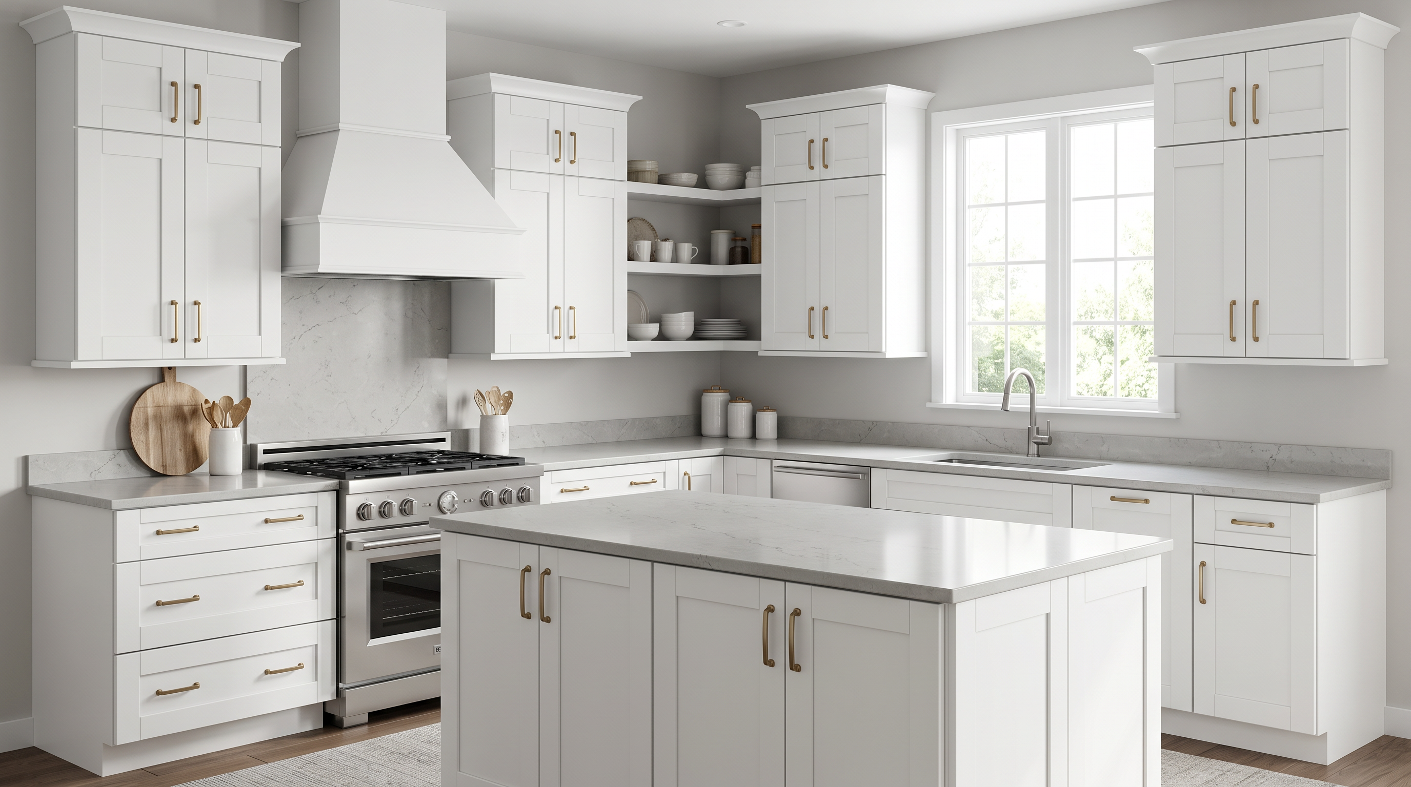 AI-generated kitchen concept using Cabinet Depot Essex doors in White. Not an installed-project photograph.