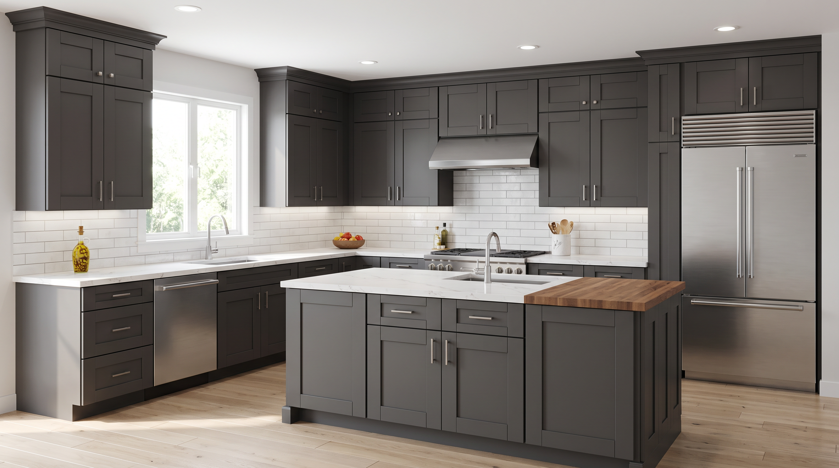 AI-generated kitchen concept using Cabinet Depot Essex doors in White. Not an installed-project photograph. Kitchen planning in Manchester, NH.