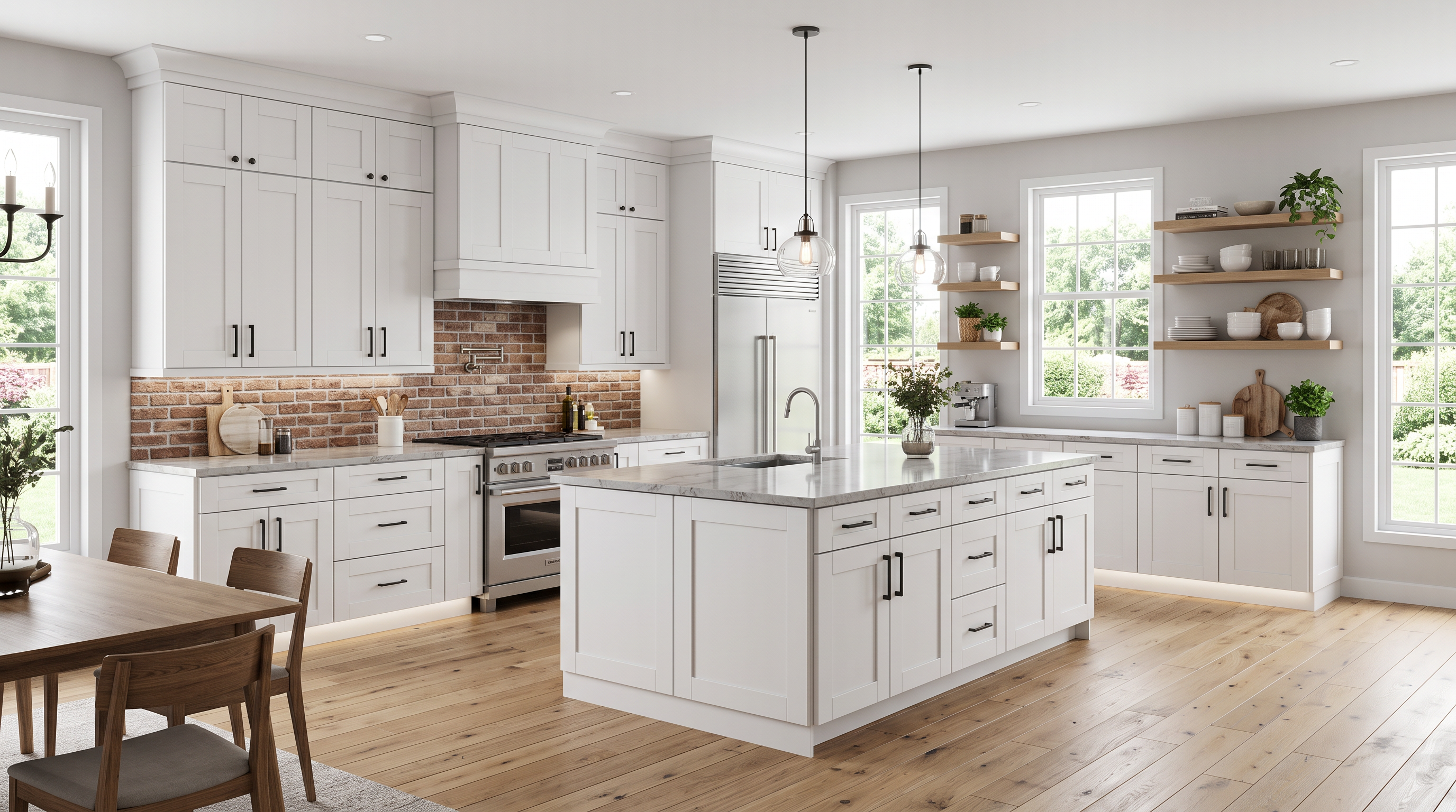 AI-generated kitchen concept using Cabinet Depot Essex doors in White. Not an installed-project photograph. Kitchen planning in Southborough, MA.