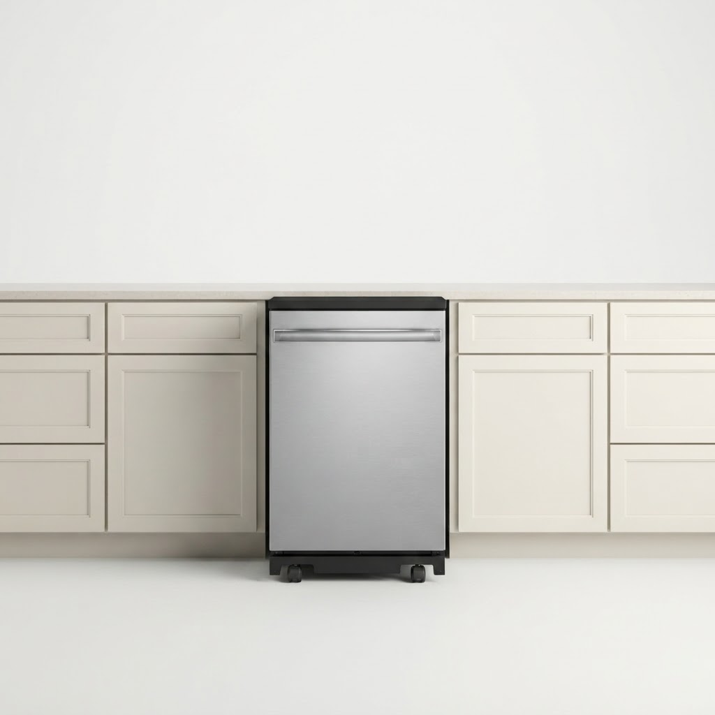 GE 24” Stainless Steel Portable Dishwasher with Wood Chopping Block Top with Essex cabinets in White