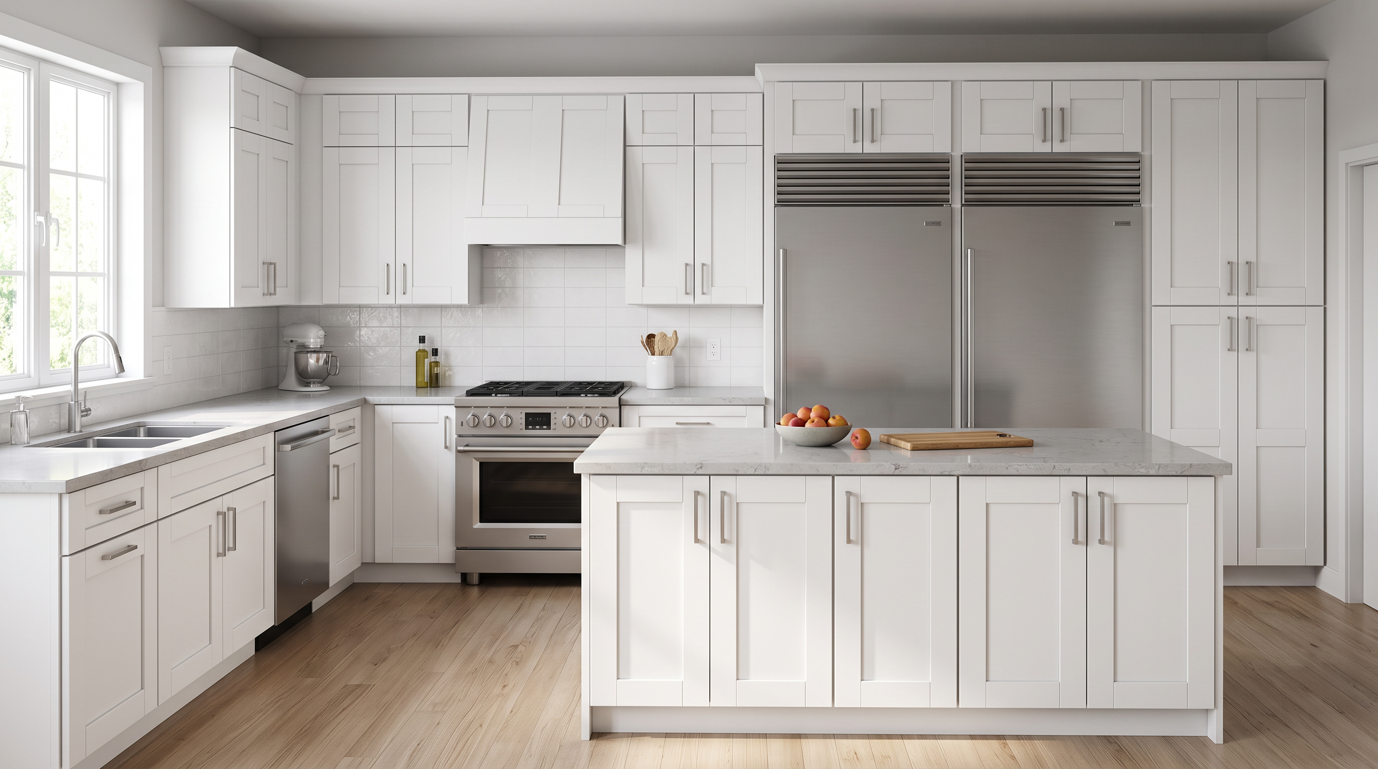 AI-generated kitchen concept using Cabinet Depot Essex doors in White. Not an installed-project photograph.