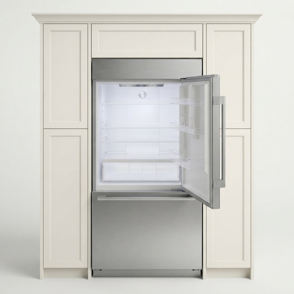 Bosch 100 Series 33” 17.2 Cu. Ft. Counter Depth Bottom Freezer Refrigerator with Essex cabinets in White