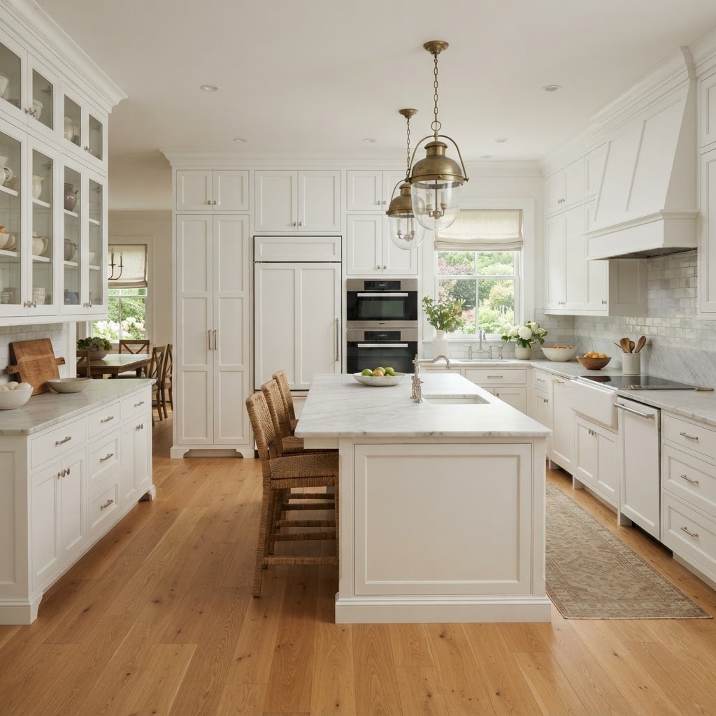 Complete kitchen with white cabinets, built-in refrigerator, wall oven, cooktop, and dishwasher designed together
