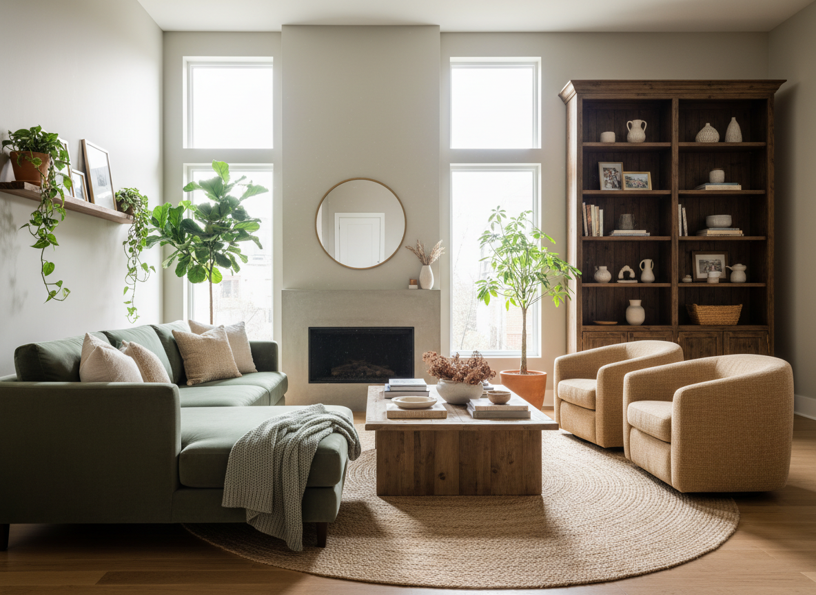 Warm and welcoming transitional living space interior