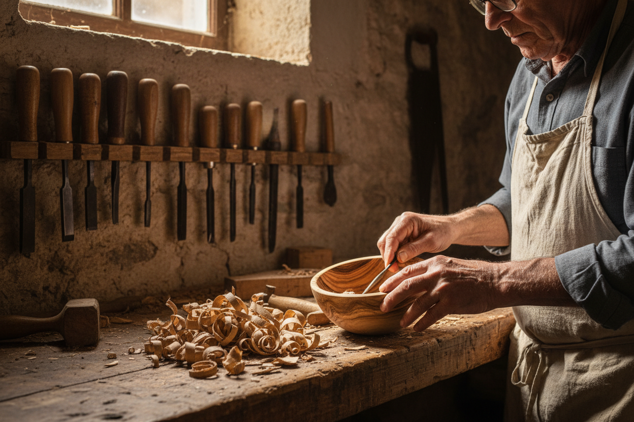 Artisan carving olive wood