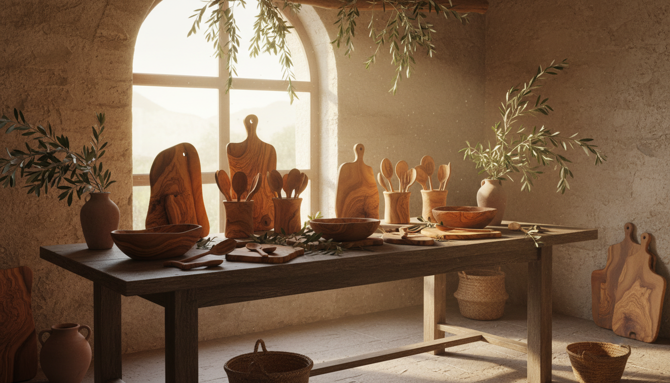 Handcrafted olive wood products in Mediterranean workshop