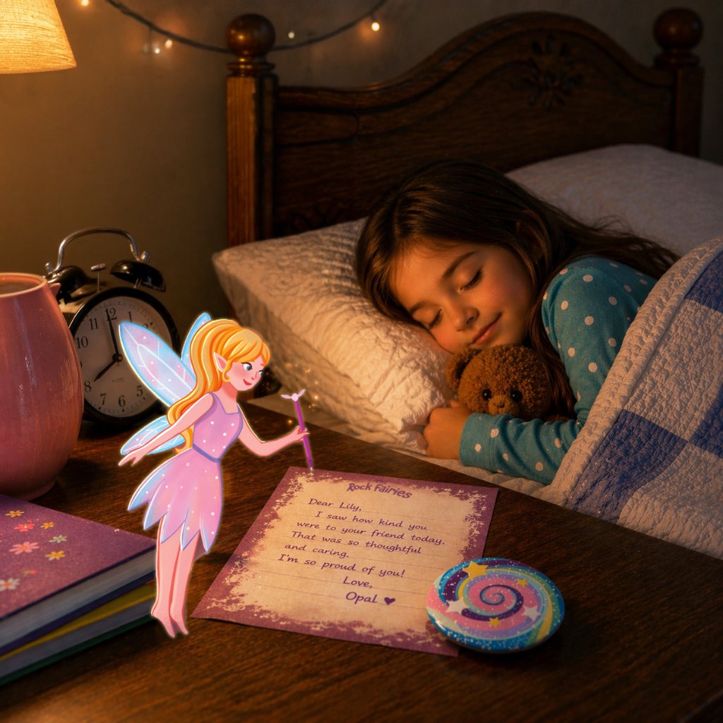 A fairy leaving a note for a sleeping child