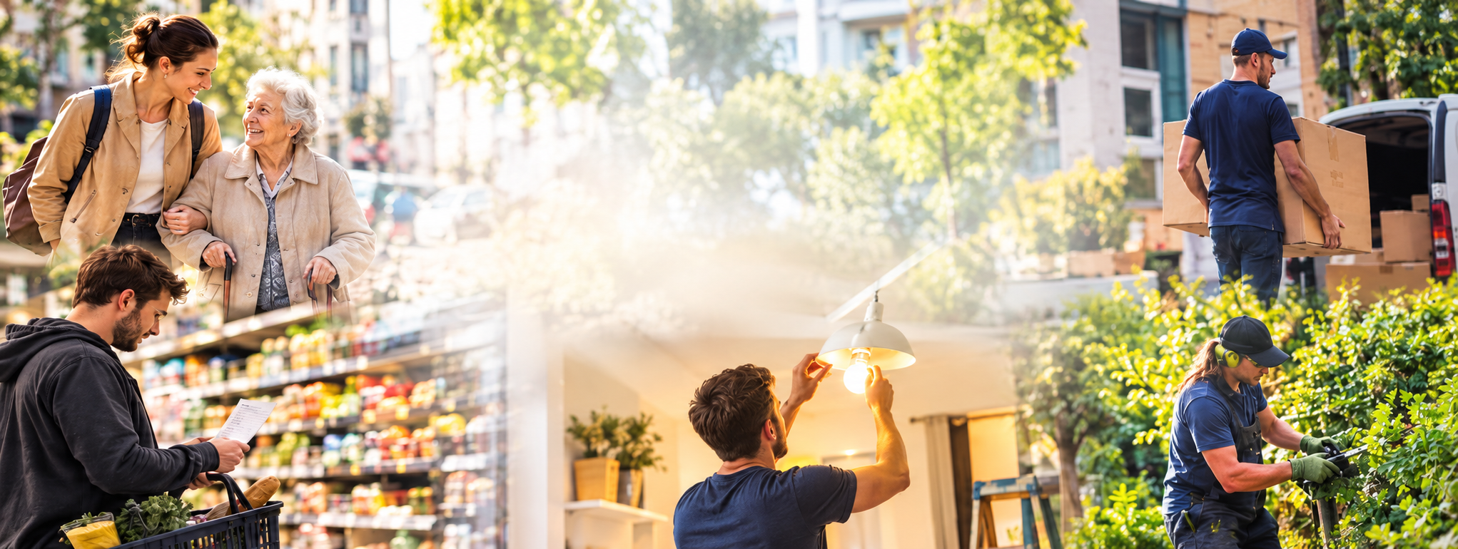 People doing day jobs: gardening, installation, building