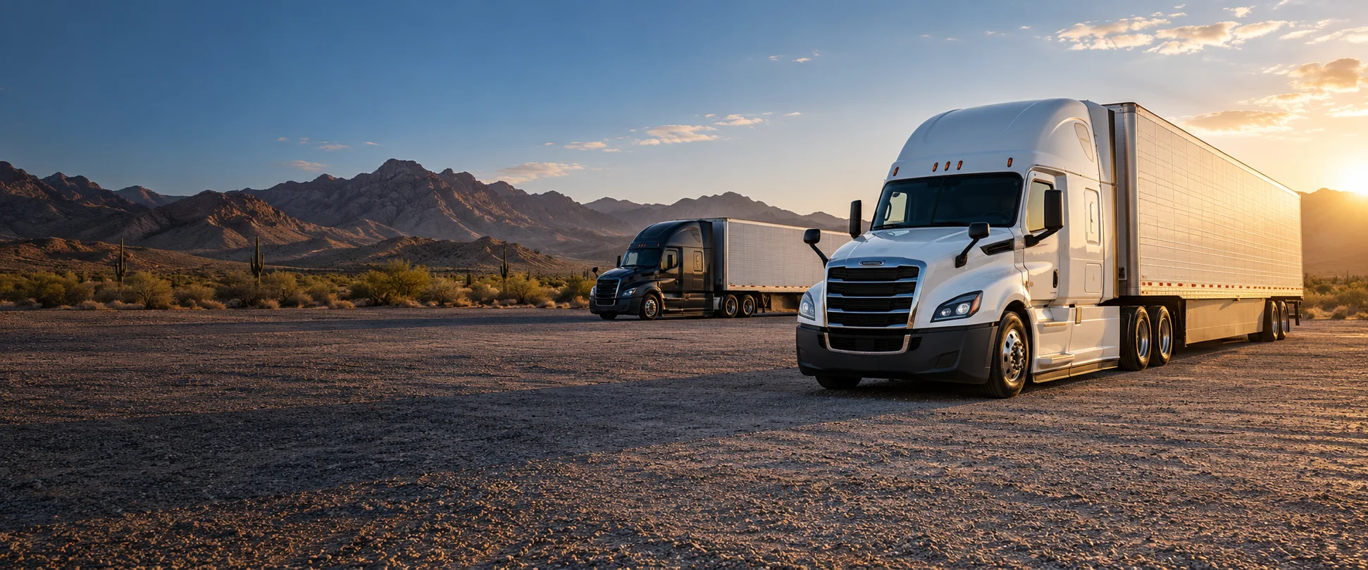 Illustrative scene of semi trucks parked in an open Arizona desert lot