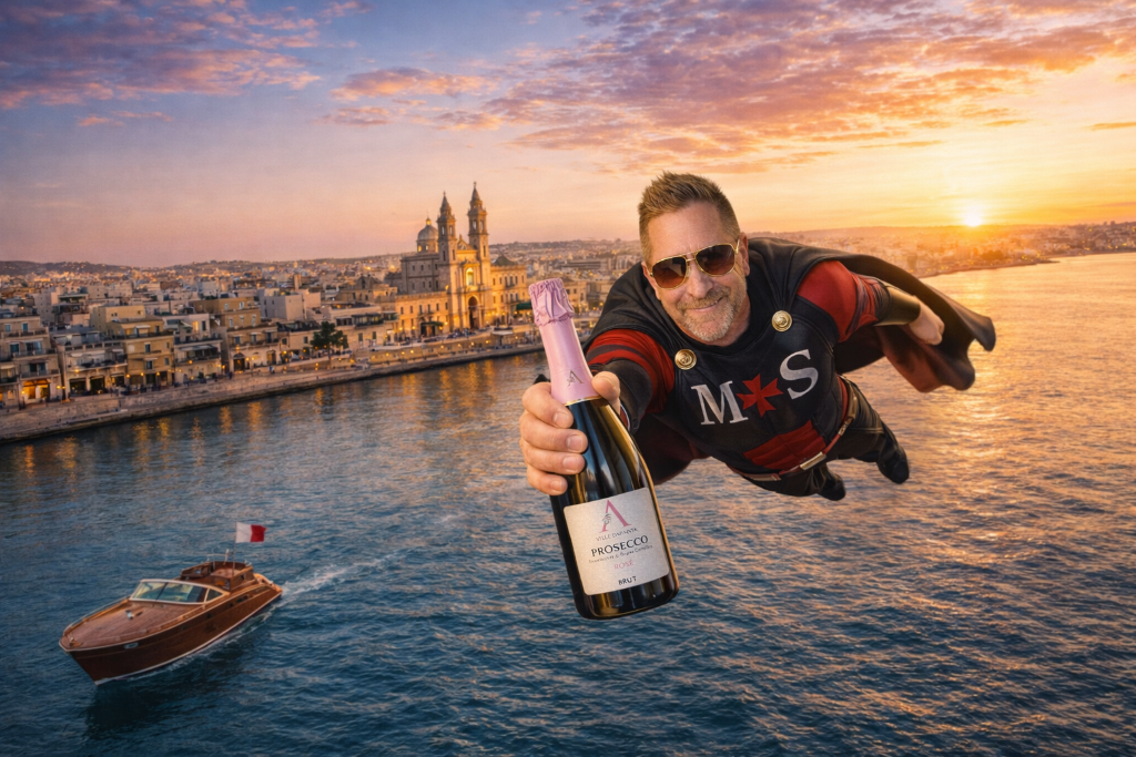 Damian, founder of Magnum Solutions, celebrating with Prosecco over Malta harbour at sunset — Ville D'Arfanta wine importer