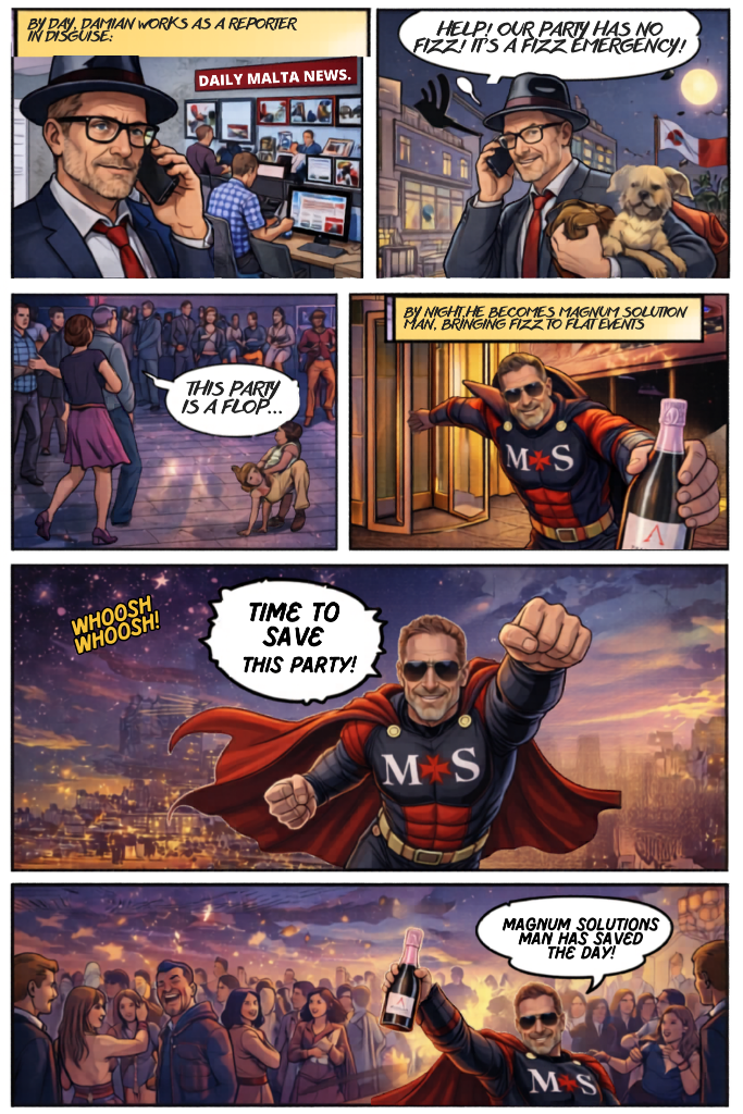 Comic story of Damian — by day a reporter, by night Magnum Solutions Man saving parties with premium Prosecco