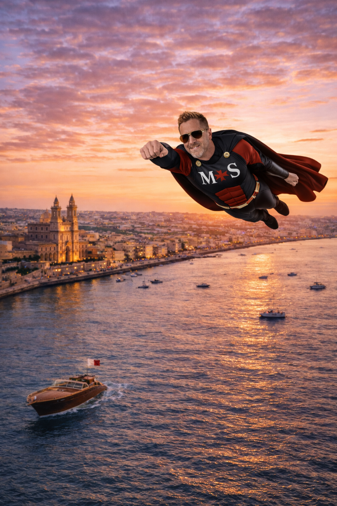 Superhero flying over Malta sunset with historic church — Magnum Solutions wine importer