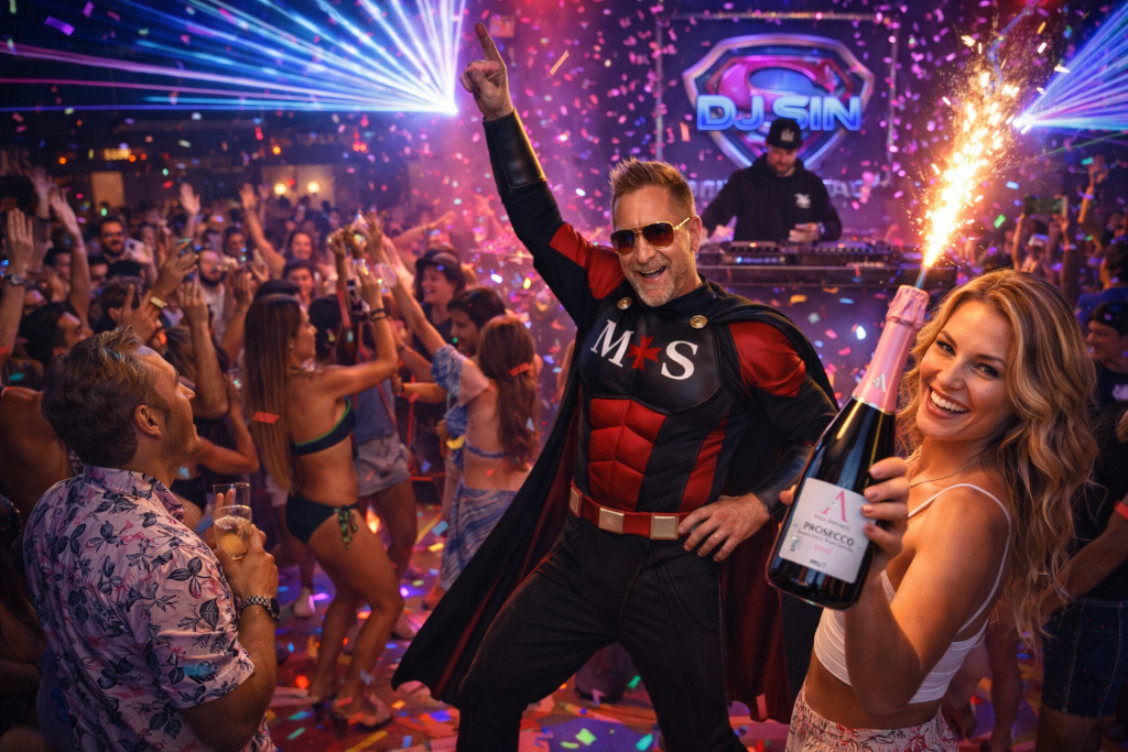 Magnum Solutions Man dancing on dancefloor with DJ SIN — Malta nightlife event