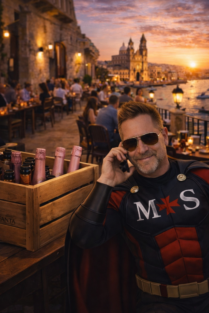 Damian at waterfront in Malta with Prosecco at sunset overlooking historic church — Magnum Solutions wholesale wine