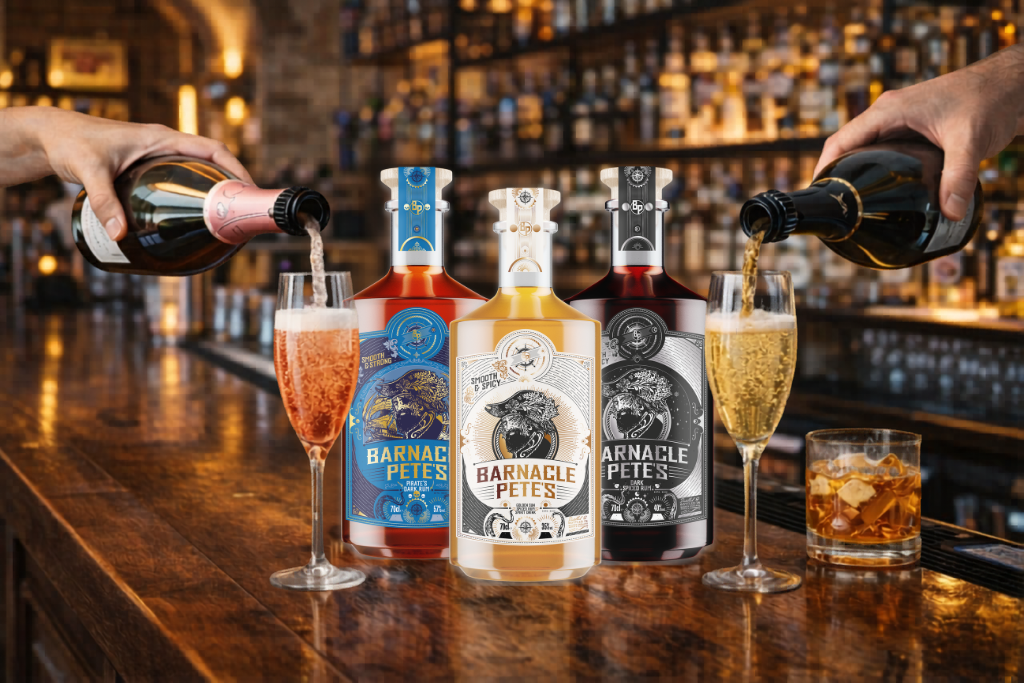 Barnacle Pete's Rum collection being poured at premium bar — three bottles with golden lighting — rum importer Malta