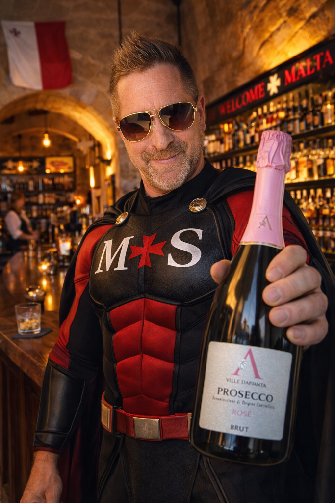 Damian, owner of Magnum Solutions, with Ville D'Arfanta Prosecco DOC Rosé at an Italian wine bar in Malta