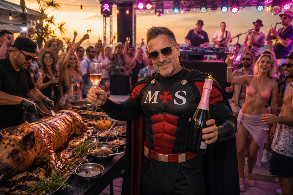 Magnum Solutions Man at hog roast event with Pink Prosecco and live band — catering events Malta