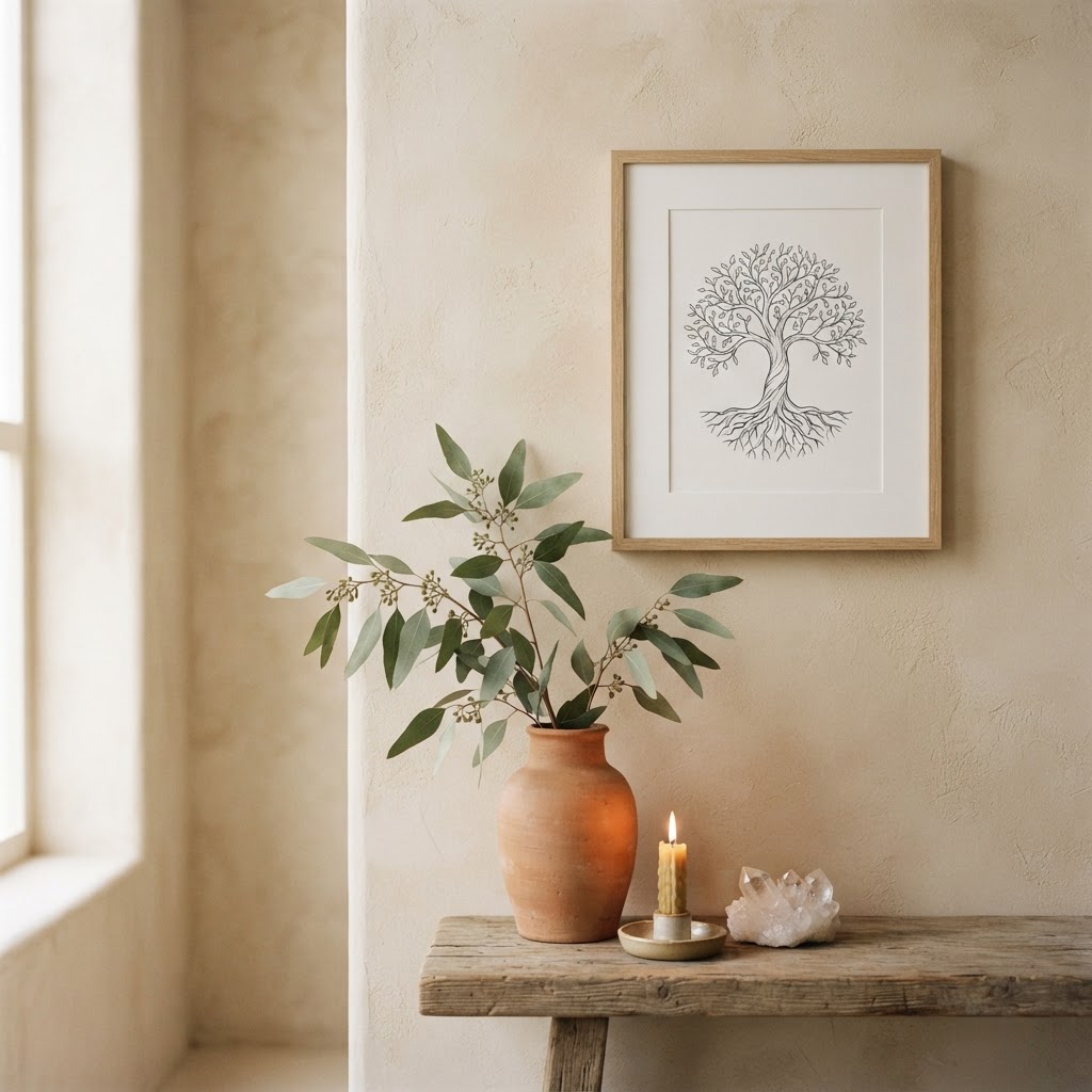 Composition décorative — cadre, vase, bougie et cristal
