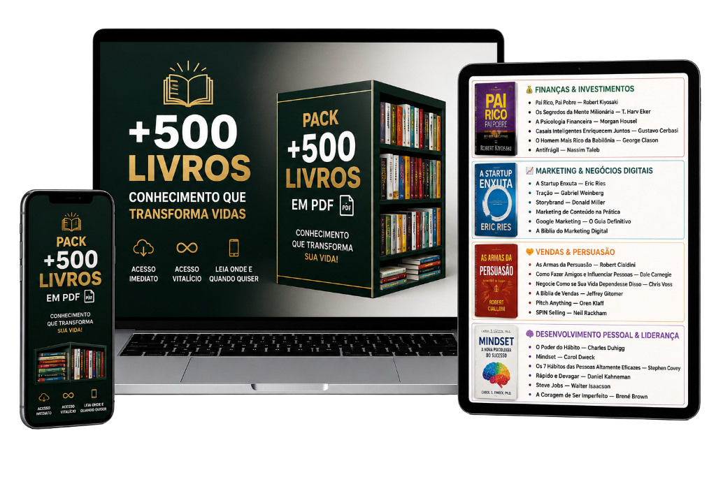 Mockup do pack com mais de 500 livros em PDF