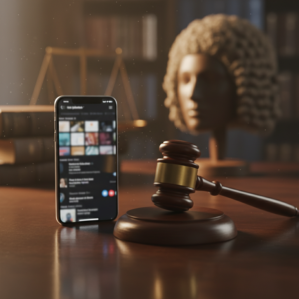 Smartphone e martelo simbolizando medidas judiciais contra fake news